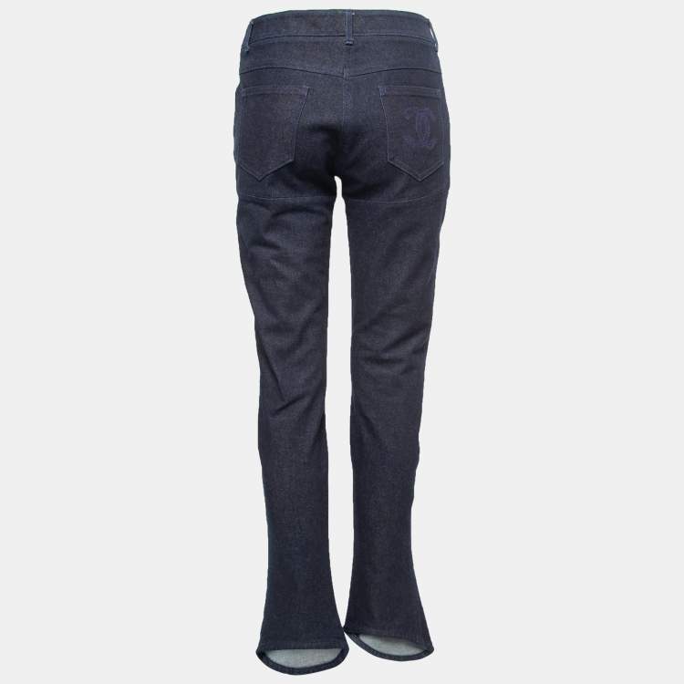 Pre Owned Chanel Deep Blue Denim Logo Embroidered Pocket Boot-Cut Jeans L Waist 32"
