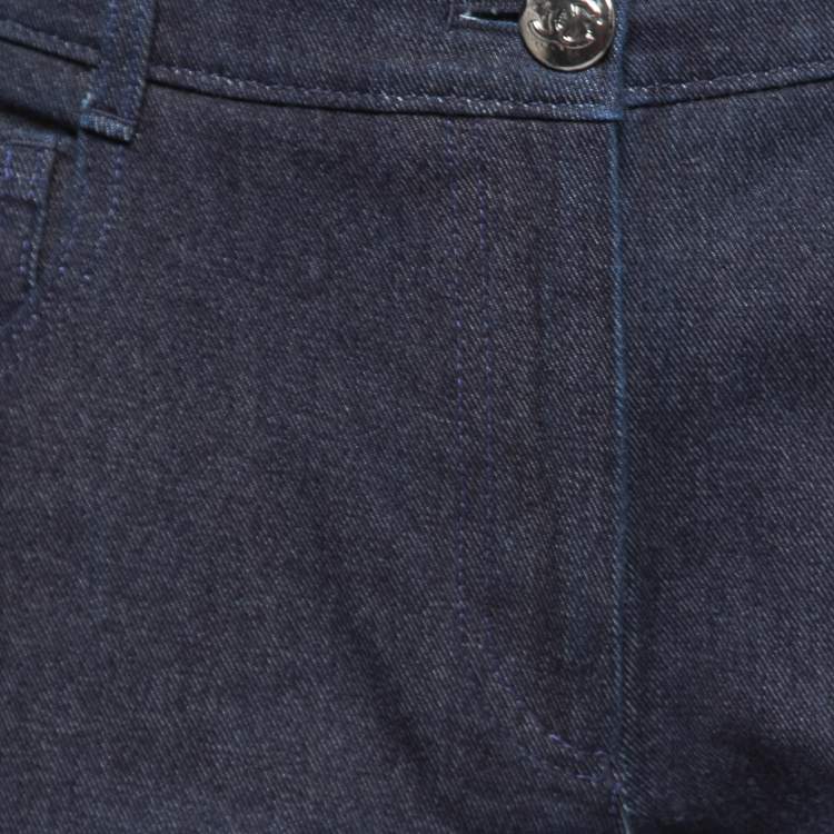 Pre Owned Chanel Deep Blue Denim Logo Embroidered Pocket Boot-Cut Jeans L Waist 32"