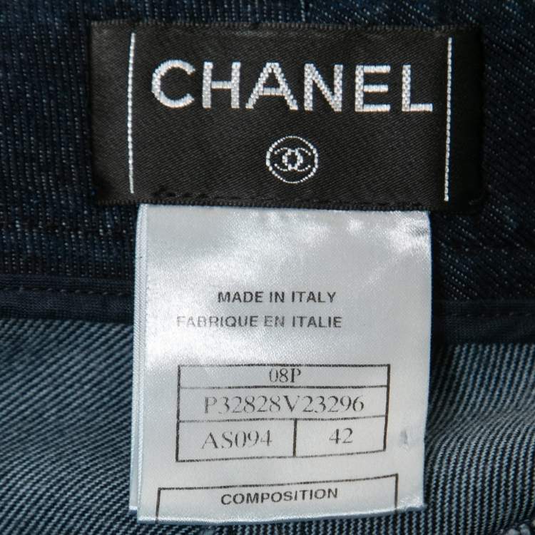 Pre Owned Chanel Deep Blue Denim Logo Embroidered Pocket Boot-Cut Jeans L Waist 32"