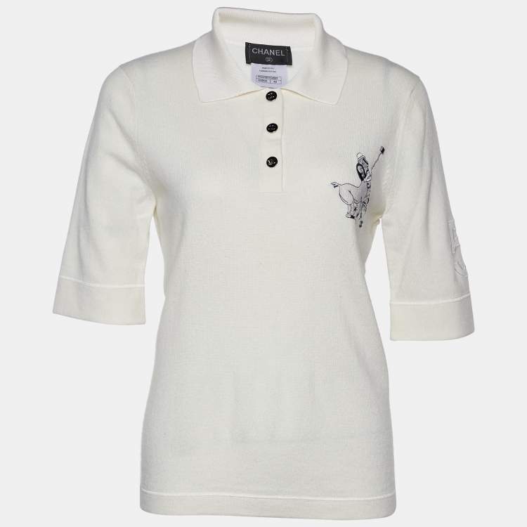 Chanel Cream Embroidered Cashmere Polo T-Shirt L Chanel | The Luxury Closet