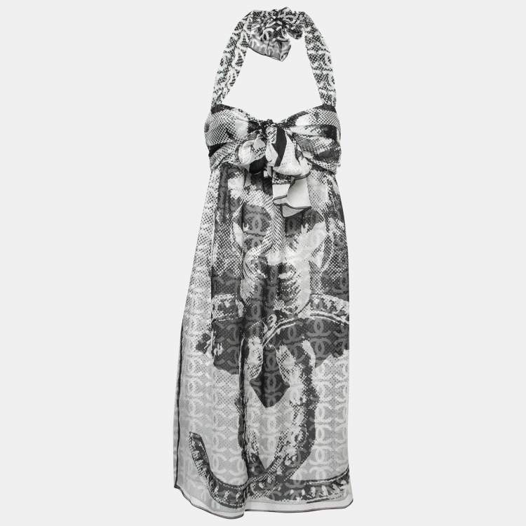 Pre Owned Chanel Black & White Printed Silk Chiffon Knotted Midi Dress M