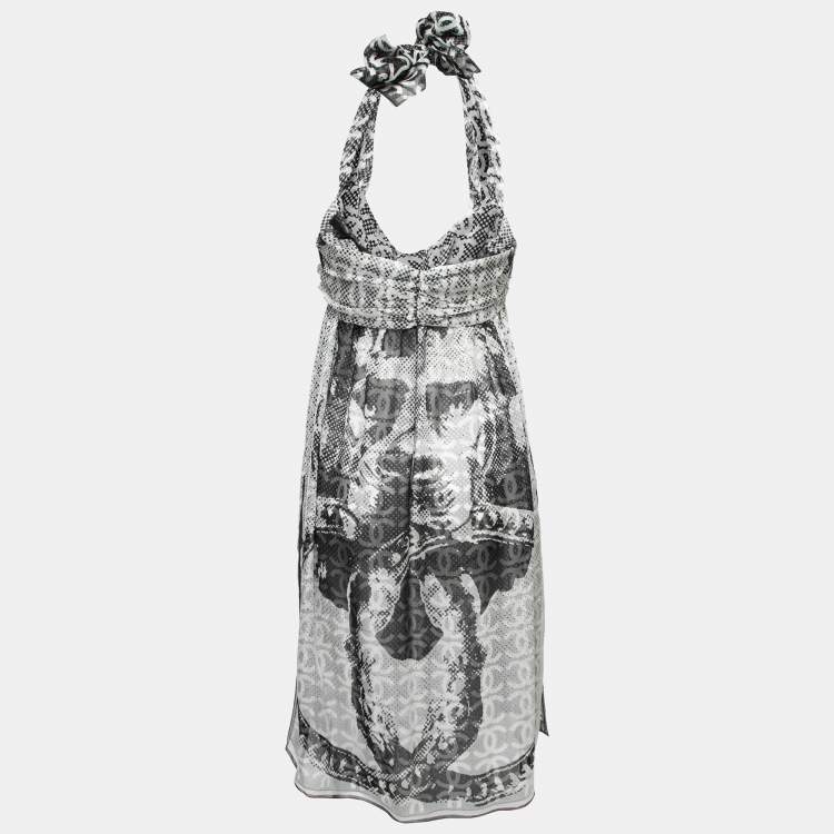 Pre Owned Chanel Black & White Printed Silk Chiffon Knotted Midi Dress M