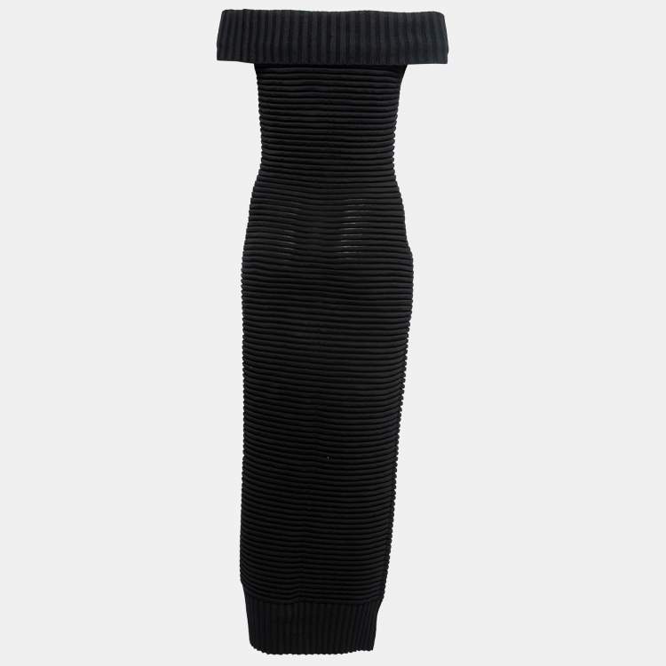 Pre Owned Chanel Black Ribbed Knit Off-Shoulder Long Dress M