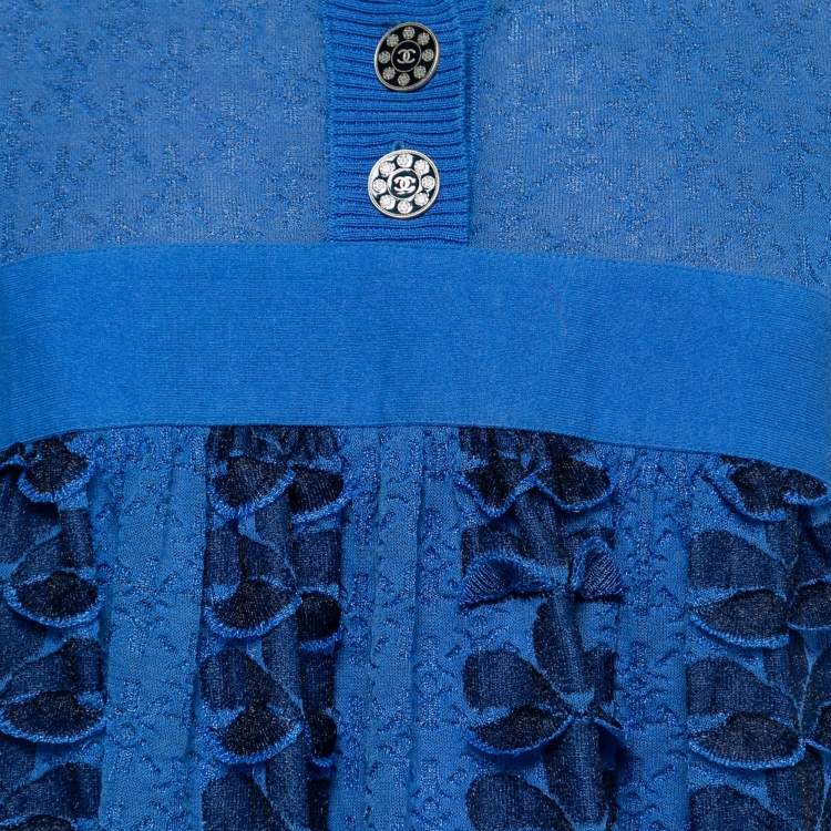 Pre Owned Chanel Blue Textured Knit Long Sleeve Mini Dress M