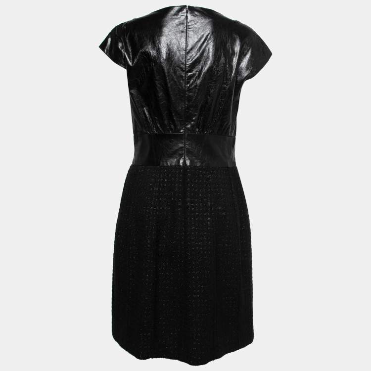 Pre Owned Chanel Black Leather & Tweed Midi Dress L