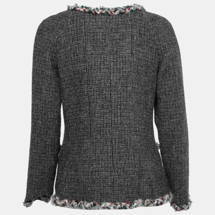 Pre Owned Chanel Grey Wool Trim Embellished Jacket L