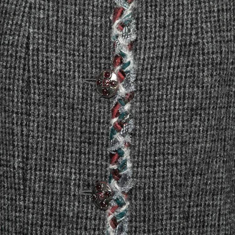 Pre Owned Chanel Grey Wool Trim Embellished Jacket L