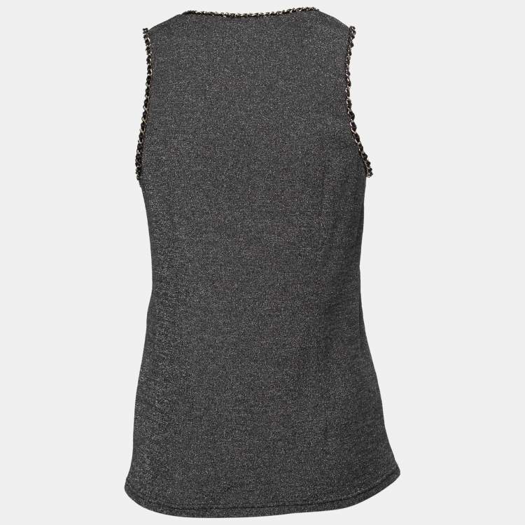 Pre Owned Chanel Black & Silver Knit Chain Trim Detail Sleeveless Top M