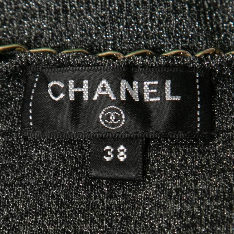 Pre Owned Chanel Black & Silver Knit Chain Trim Detail Sleeveless Top M