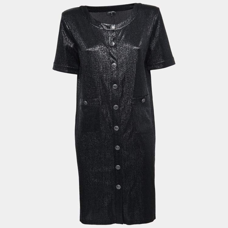 Pre Owned Chanel Black Metallic Lurex Knit Shift Dress M