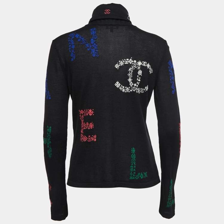 Pre Owned Chanel Black Patterned Cashmere Turtleneck Pullover L