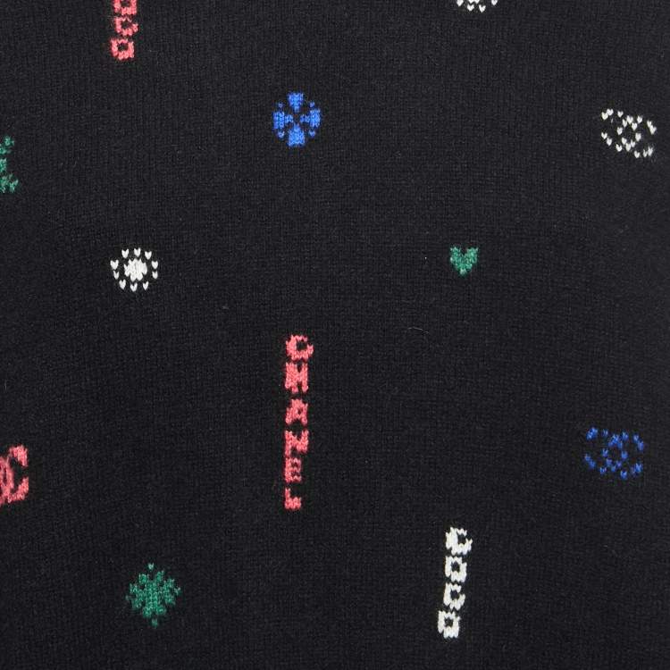 Pre Owned Chanel Black Patterned Cashmere Turtleneck Sweater M