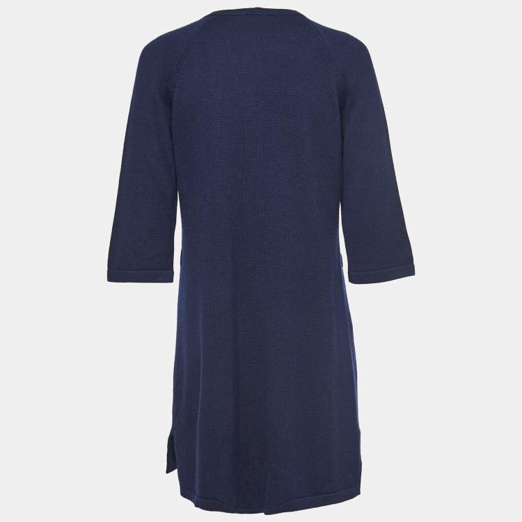 Pre Owned Chanel Navy Blue Cashmere Buttoned Knitted Dress M