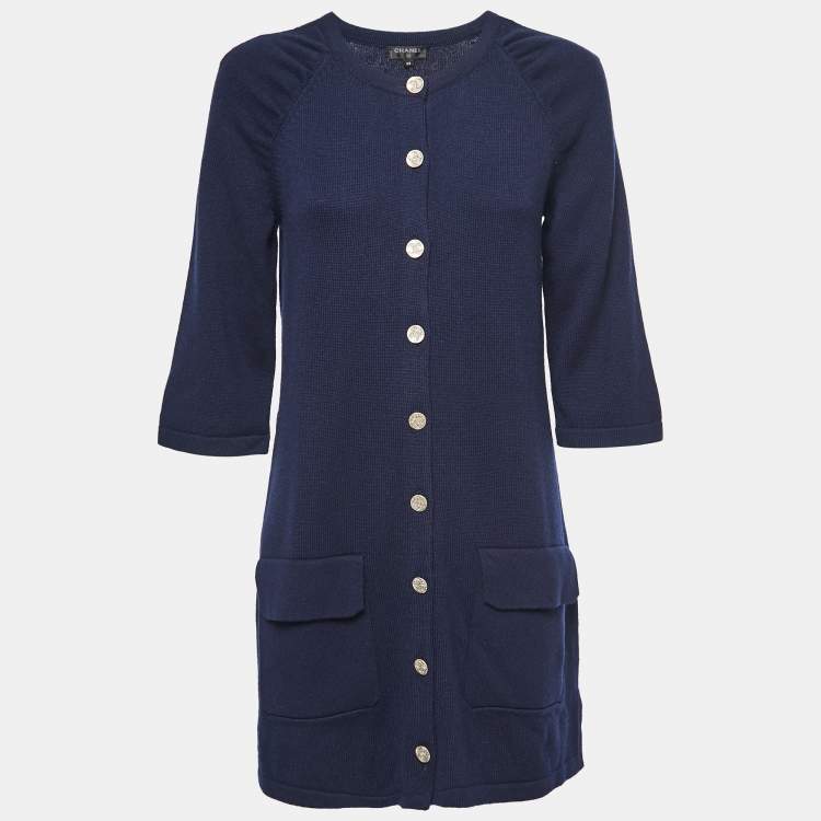 Pre Owned Chanel Navy Blue Cashmere Buttoned Knitted Dress M