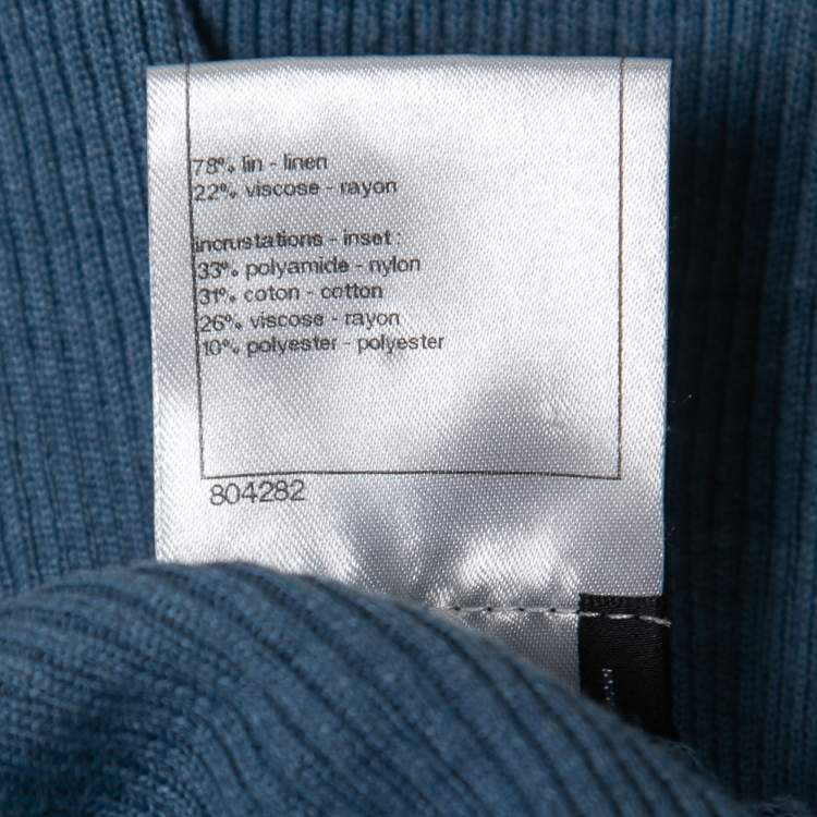 Pre Owned Chanel Blue Linen Rib Knit Braid Detail Tank Top S