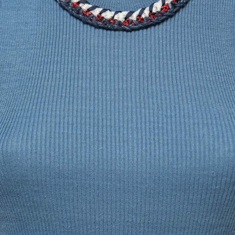 Pre Owned Chanel Blue Linen Rib Knit Braid Detail Tank Top S