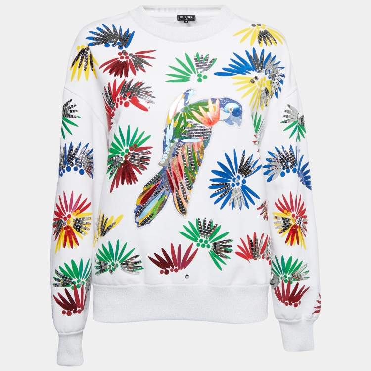 Pre Owned Chanel White Cotton Parrot Print Embellished Sweatshirt M