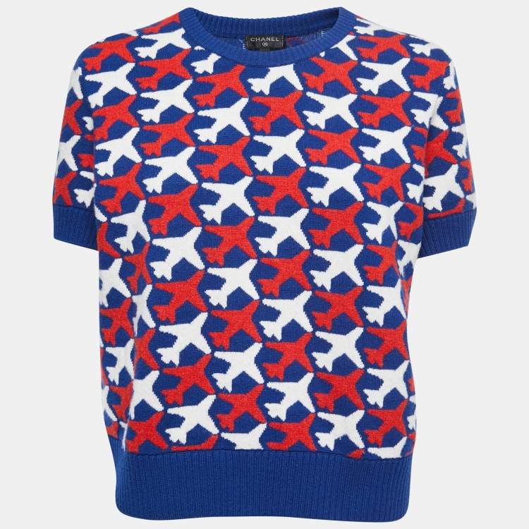 Pre Owned Chanel Blue/Red Airplane Patterned Cashmere Knit Top XL