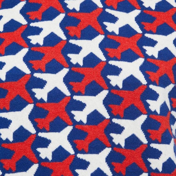 Pre Owned Chanel Blue/Red Airplane Patterned Cashmere Knit Top XL