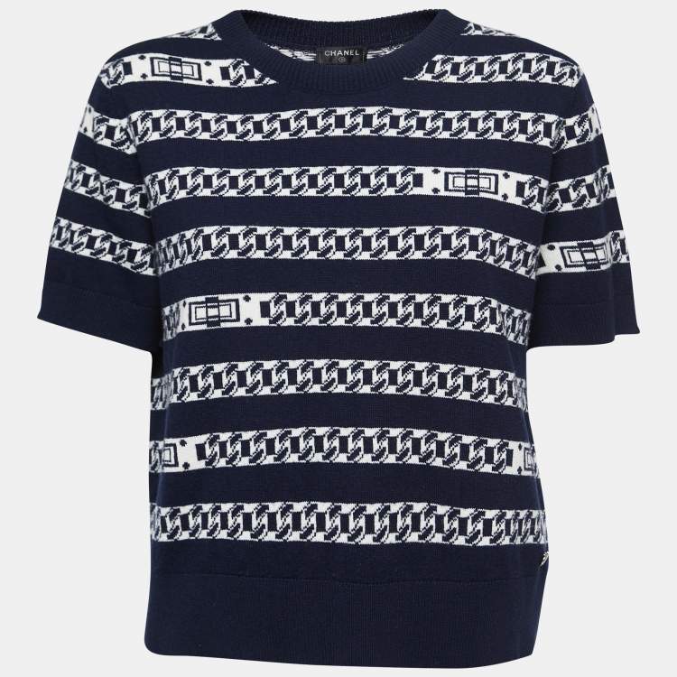Pre Owned Chanel Navy Blue Chain Link Intarsia Cashmere Knit Top XL