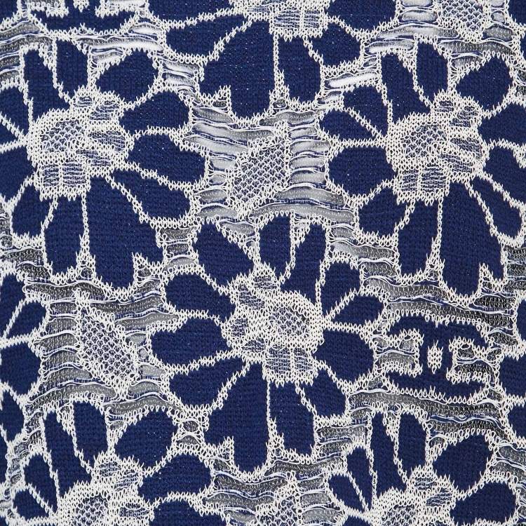 Pre Owned Chanel Navy Blue Camelia Patterned Knit Top XL