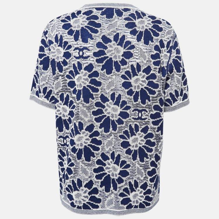 Pre Owned Chanel Navy Blue Camelia Patterned Knit Top XL