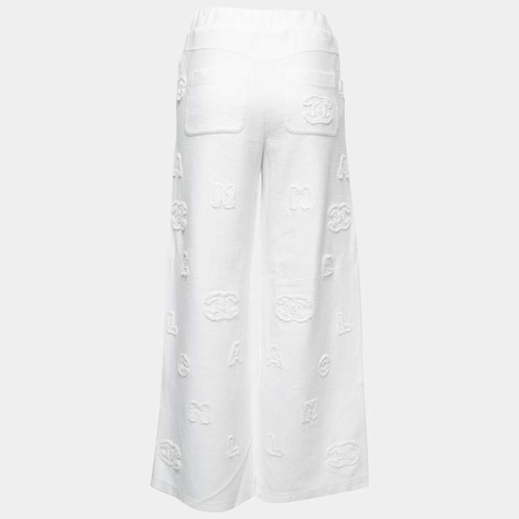 Chanel White Cotton Logo Detail Wide Leg Pants S Chanel
