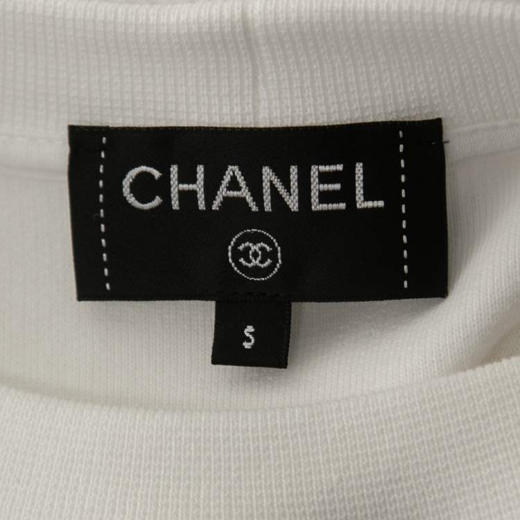 Pre Owned Chanel White Cotton Logo Detail Crew Neck Sweatshirt S