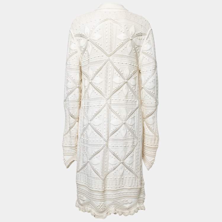 Pre Owned Chanel Cream Patterned Crochet Knit Cardigan L