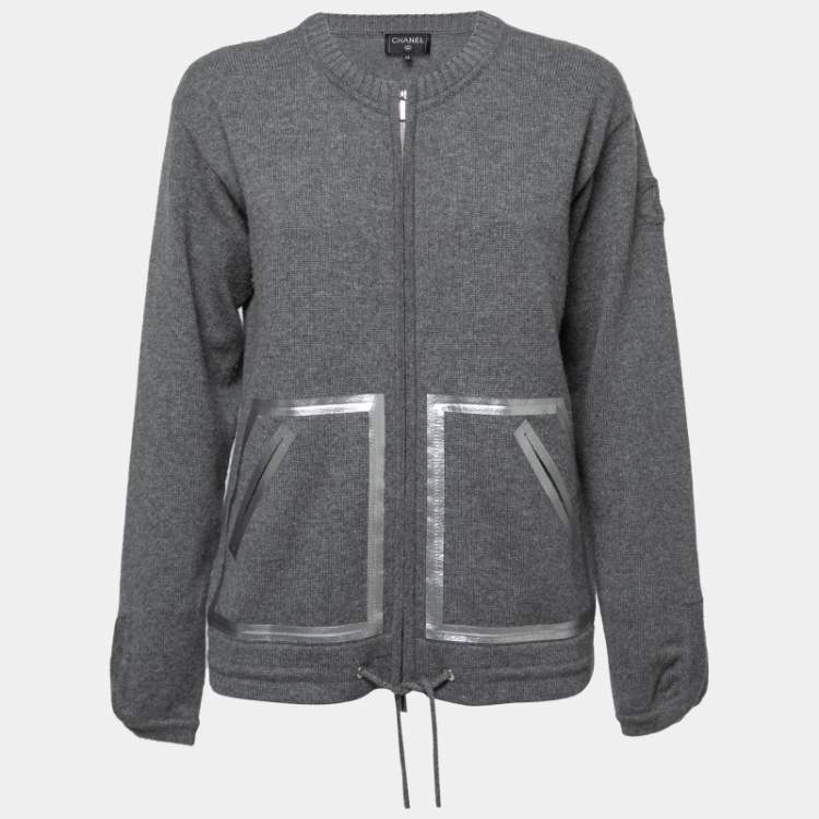 Pre Owned Chanel Grey Cashmere Silver Foil Detail Zip Up Sweater M