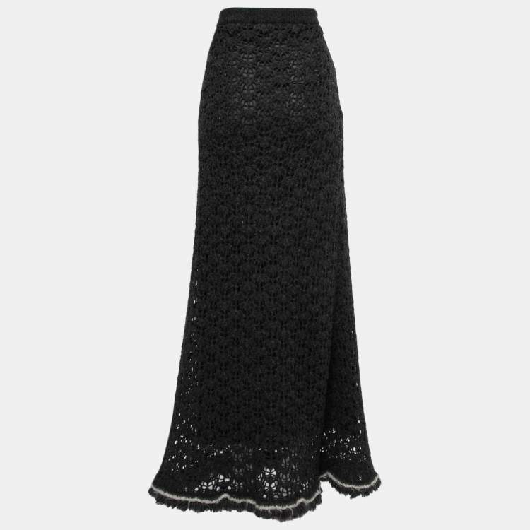 Pre Owned Chanel Vintage Dark Grey Camel Hair & Wool Open Knit Maxi Skirt XL