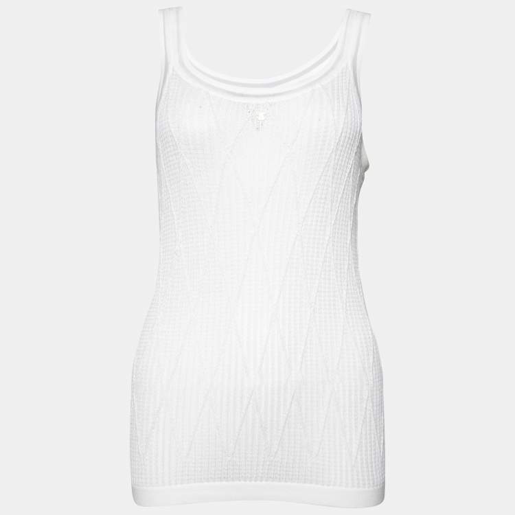 Pre Owned Chanel White Cotton Patterned Knit Tank Top L