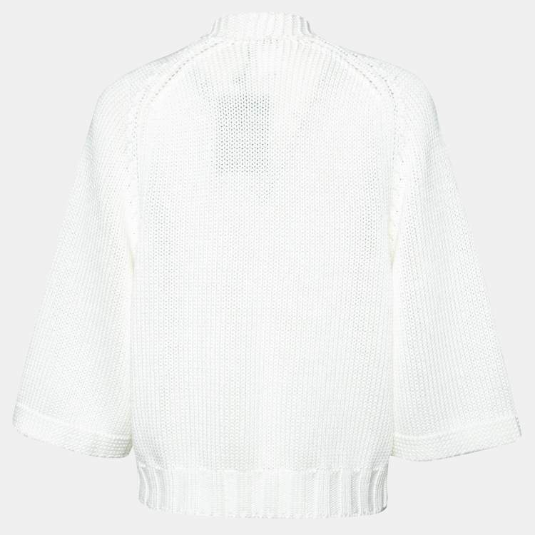 Pre Owned Chanel White Cotton Cable Knit Button Front Cardigan M