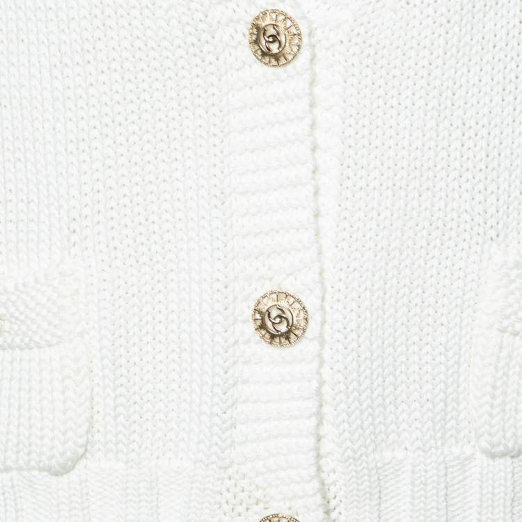 Pre Owned Chanel White Cotton Cable Knit Button Front Cardigan M