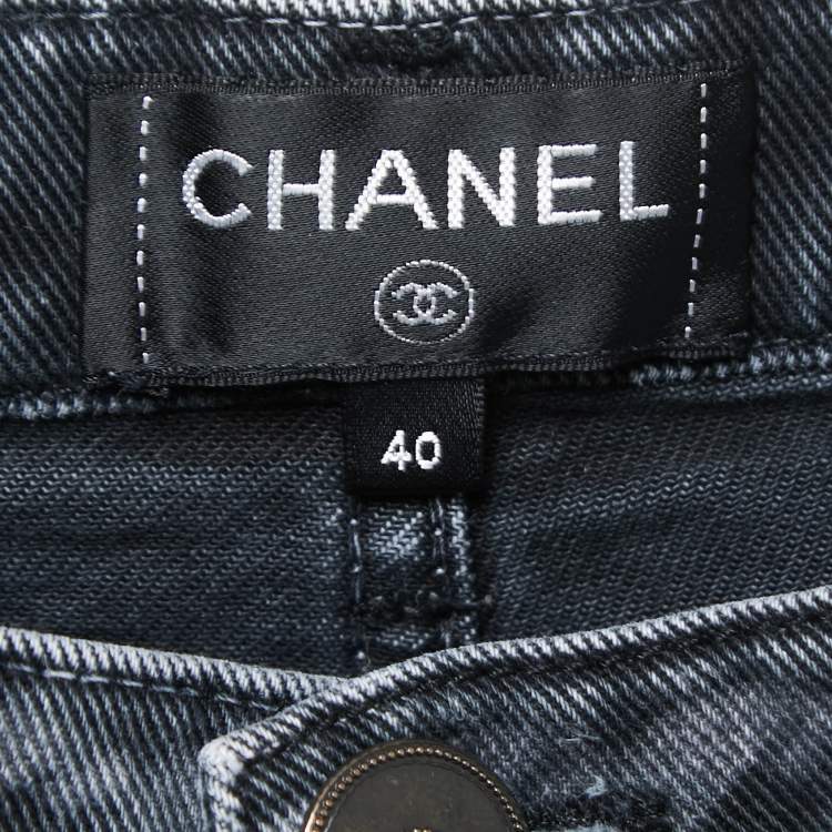 Pre Owned Chanel Dark Grey Denim Chain Print Detailed Jeans M Waist 30"