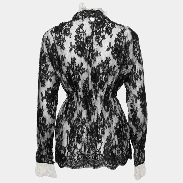 Pre Owned Chanel Black and White Lace Turtle Neck Long Sleeve Salzburg Blouse S