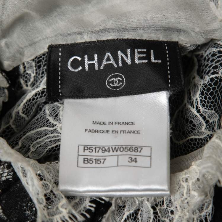 Pre Owned Chanel Black and White Lace Turtle Neck Long Sleeve Salzburg Blouse S