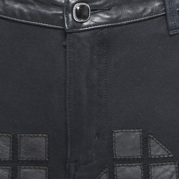 Pre Owned Chanel Black Cotton Knit Leather Trimmed Skinny Jeans M
