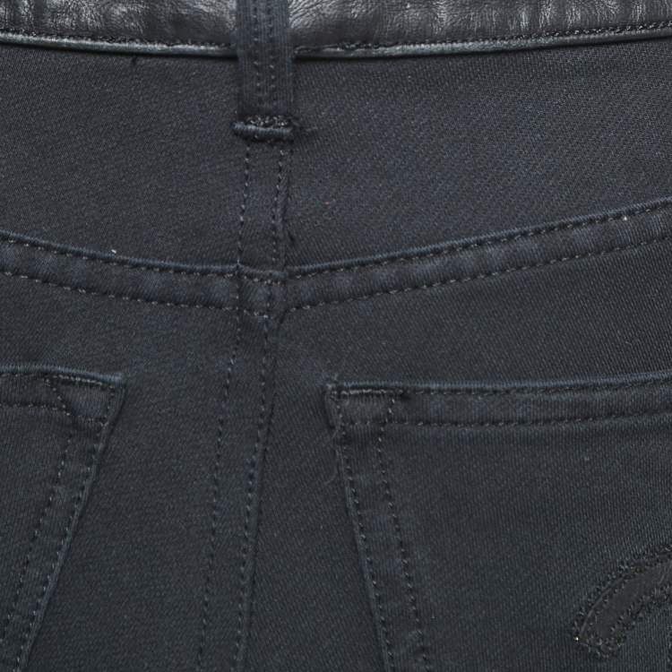 Pre Owned Chanel Black Cotton Knit Leather Trimmed Skinny Jeans M