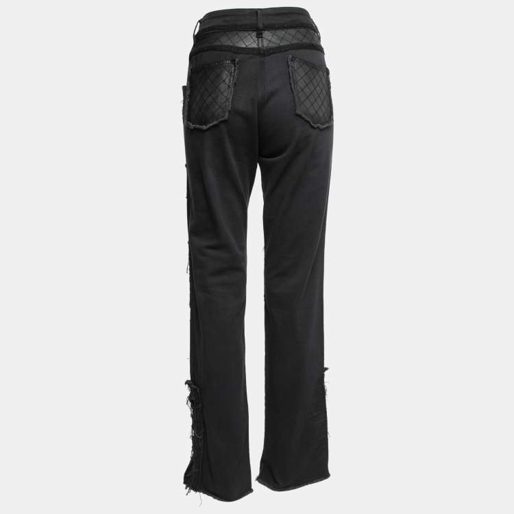 Pre Owned Chanel Black Denim Leather Patchwork Distressed Straight Fit Jeans L Waist 32"