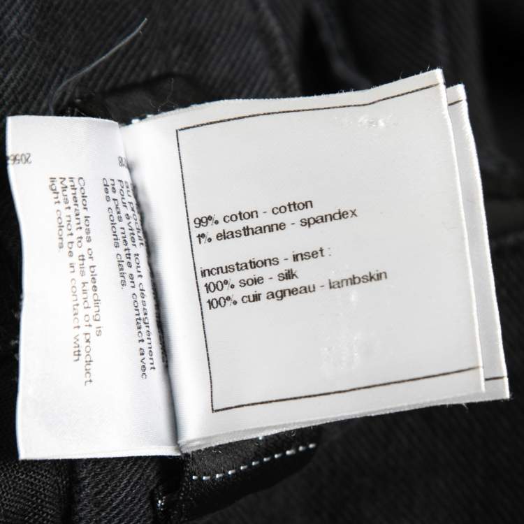 Pre Owned Chanel Black Denim Leather Patchwork Distressed Straight Fit Jeans L Waist 32"