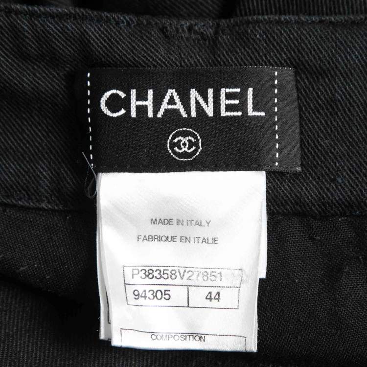 Pre Owned Chanel Black Denim Leather Patchwork Distressed Straight Fit Jeans L Waist 32"
