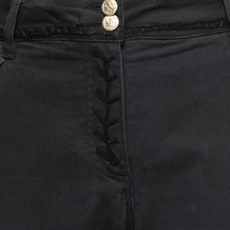 Pre Owned Chanel Black Denim Leather Patchwork Distressed Straight Fit Jeans L Waist 32"