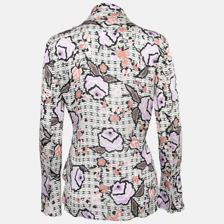 Pre Owned Chanel Vintage White/Black Printed Silk Shirt M