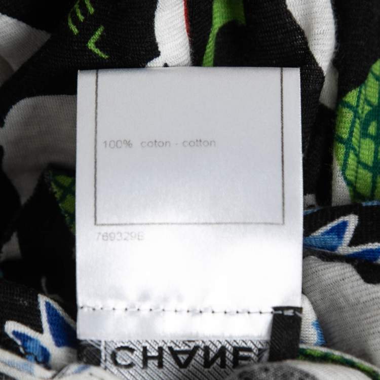 Pre Owned Chanel Black CC Illustration Print Cotton Jersey Ruffled Top M