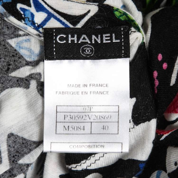 Pre Owned Chanel Black CC Illustration Print Cotton Jersey Ruffled Top M