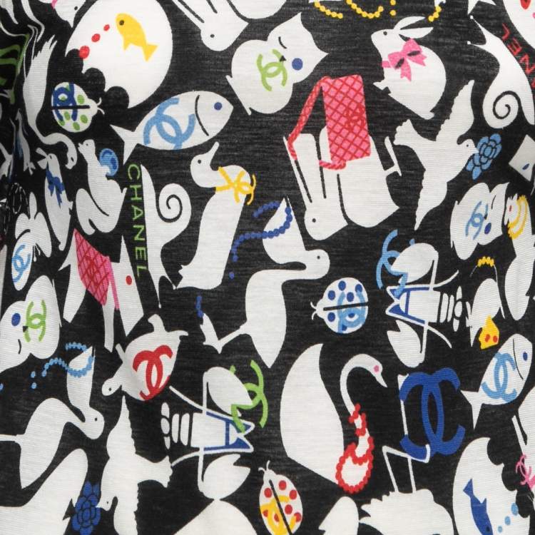 Pre Owned Chanel Black CC Illustration Print Cotton Jersey Ruffled Top M