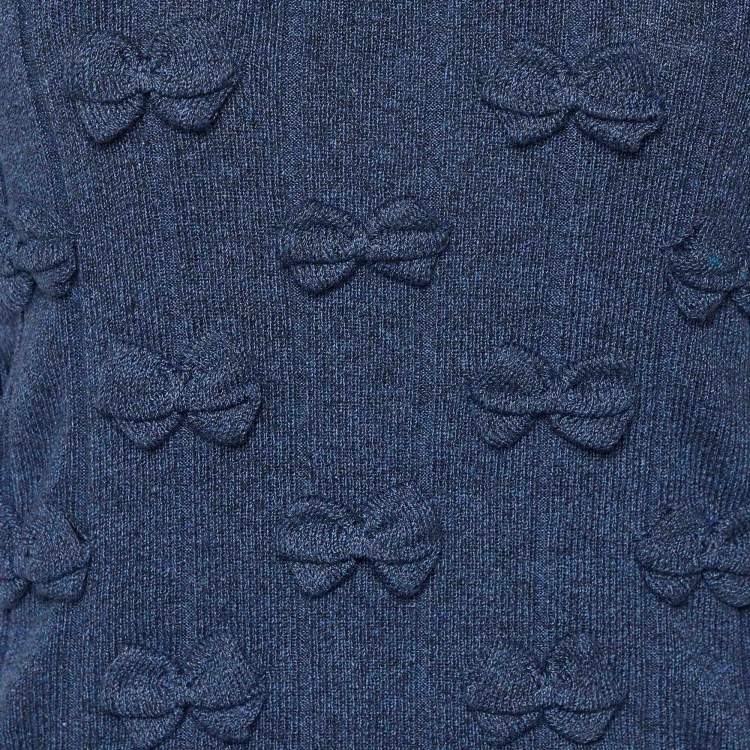 Pre Owned Chanel Navy Blue Cotton Knit Bow Applique Sweater Top M