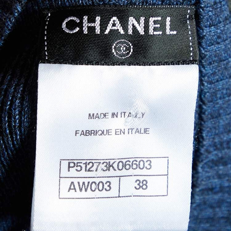 Pre Owned Chanel Navy Blue Cotton Knit Bow Applique Sweater Top M