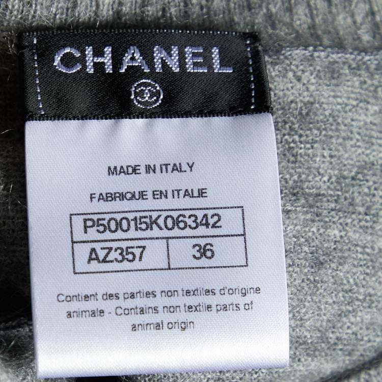Pre Owned Chanel Grey Pearl Embellished Mohair & Cashmere Long Sleeve Sweater S